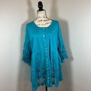 NWT Roamans Womens 14W Teal Blue Lace Trimmed Button Up 3/4 Sleeve Top‎